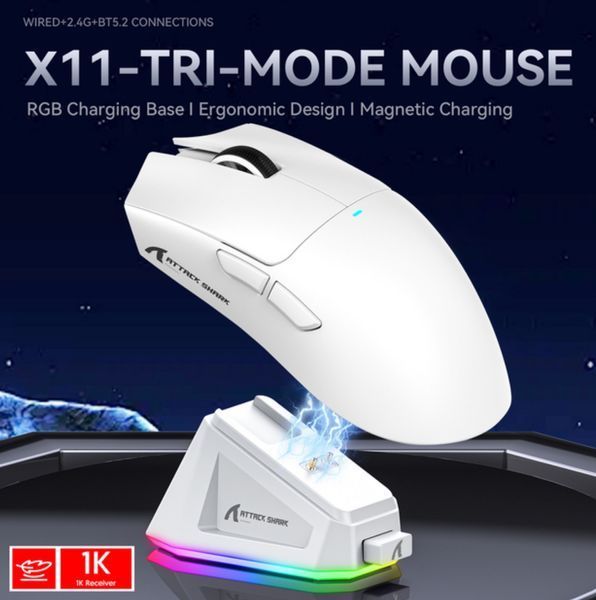Мишка Ігрова Бездротова Attack Shark X11 22000 DPI PAW3311 з зарядною станцією white 2861760557 фото